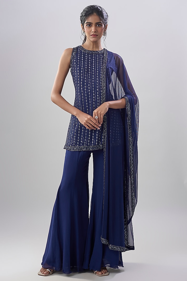 Blue Georgette Nalki Embroidered Wedding Sharara Set by Malasa at Pernia's Pop Up Shop