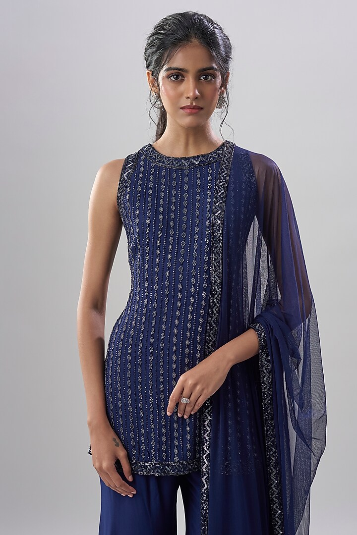 Blue Georgette Nalki Embroidered Wedding Sharara Set by Malasa at Pernia's Pop Up Shop