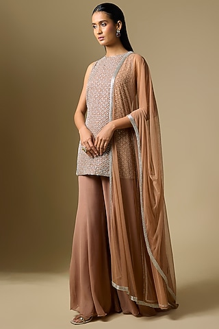 Champagne Georgette Sharara Set by Malasa