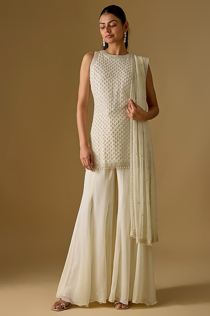 Ivory Georgette Wedding Sharara Set by Malasa at Pernia's Pop Up Shop