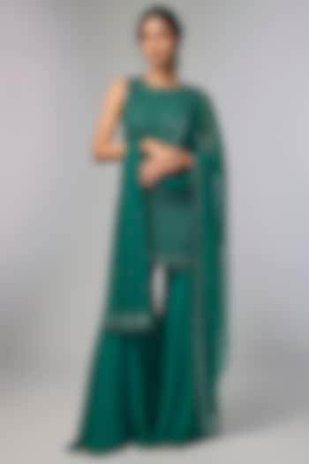 Emerald Green Georgette Cutdana Work Wedding Sharara Set by Malasa at Pernia's Pop Up Shop