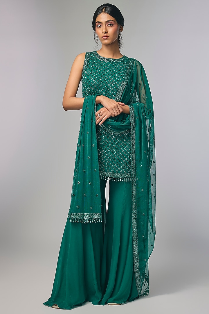 Emerald Green Georgette Cutdana Work Wedding Sharara Set by Malasa at Pernia's Pop Up Shop