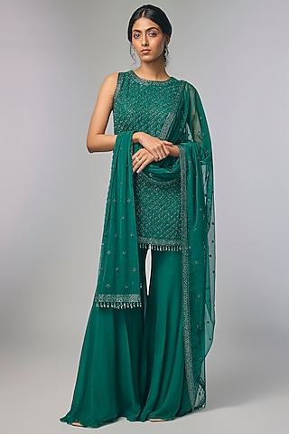 Emerald Green Georgette Cutdana Work Sharara Set by Malasa