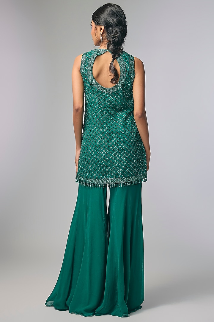 Emerald Green Georgette Cutdana Work Wedding Sharara Set by Malasa at Pernia's Pop Up Shop
