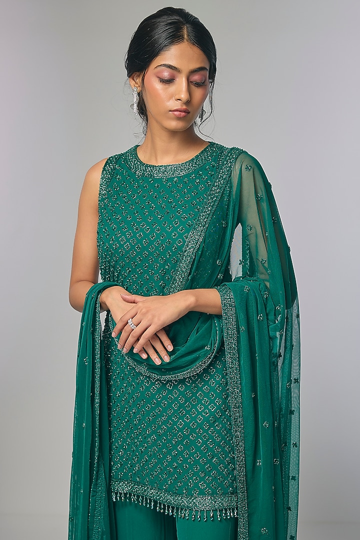 Emerald Green Georgette Cutdana Work Wedding Sharara Set by Malasa at Pernia's Pop Up Shop