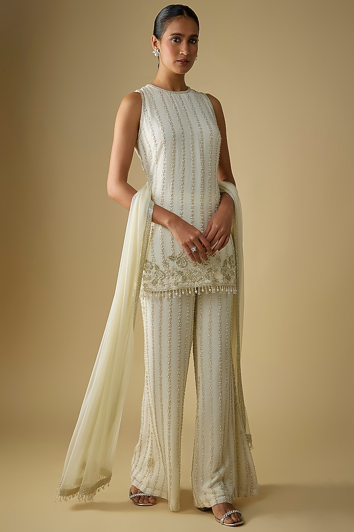 Ivory Georgette Cutdana Embroidered Kurta Set by Malasa at Pernia's Pop Up Shop