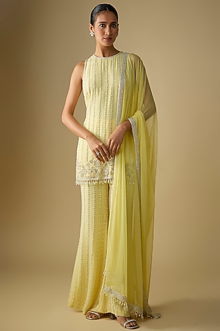 Yellow Georgette Cutdana Embroidered Kurta Set by Malasa