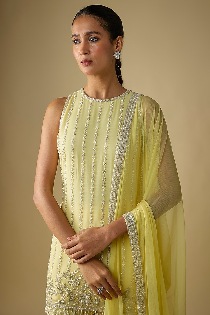Yellow Georgette Cutdana Embroidered Kurta Set by Malasa at Pernia's Pop Up Shop