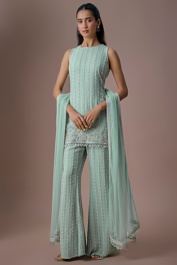 Ice Blue Georgette Cutdana & Pearl Work Kurta Set by Malasa at Pernia's Pop Up Shop