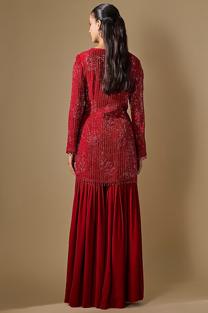 Red Georgette Cutdana Work Jacket Set by Malasa at Pernia's Pop Up Shop
