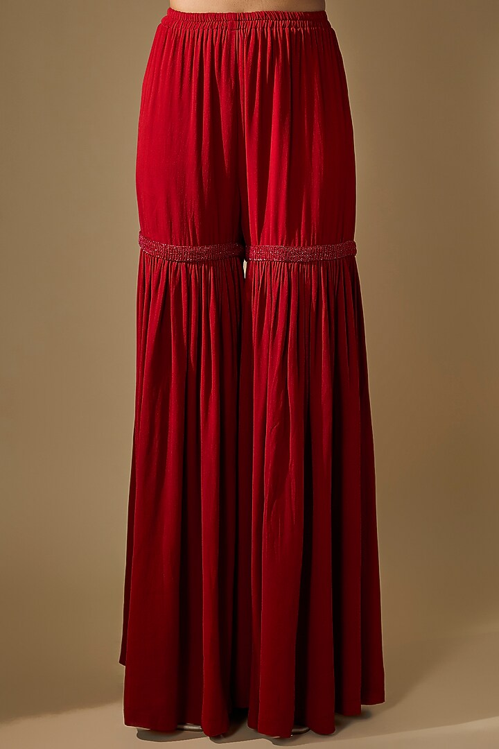 Red Georgette Cutdana Work Jacket Set by Malasa at Pernia's Pop Up Shop