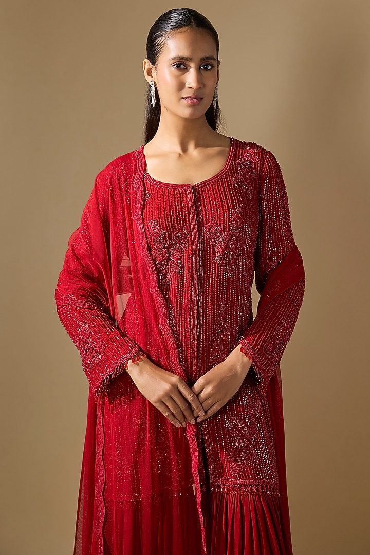 Red Georgette Cutdana Work Jacket Set by Malasa at Pernia's Pop Up Shop