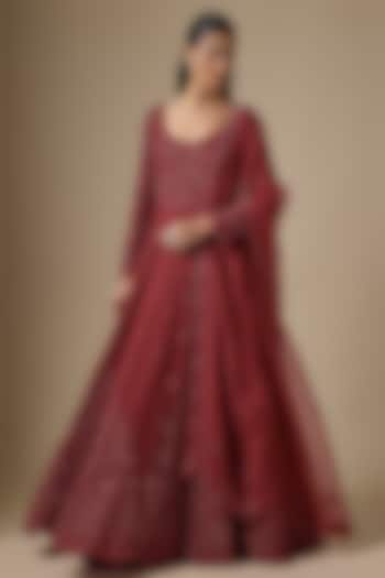 Red Georgette Embroidered Bridal Anarkali Set by Malasa at Pernia's Pop Up Shop