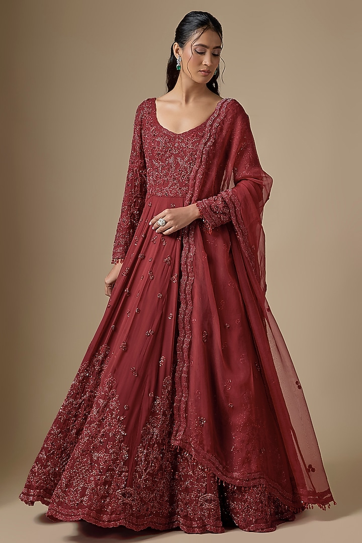 Red Georgette Embroidered Bridal Anarkali Set by Malasa at Pernia's Pop Up Shop