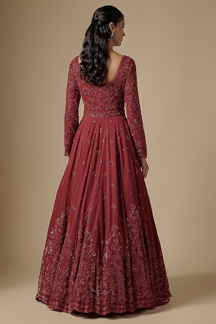 Red Georgette Embroidered Bridal Anarkali Set by Malasa at Pernia's Pop Up Shop