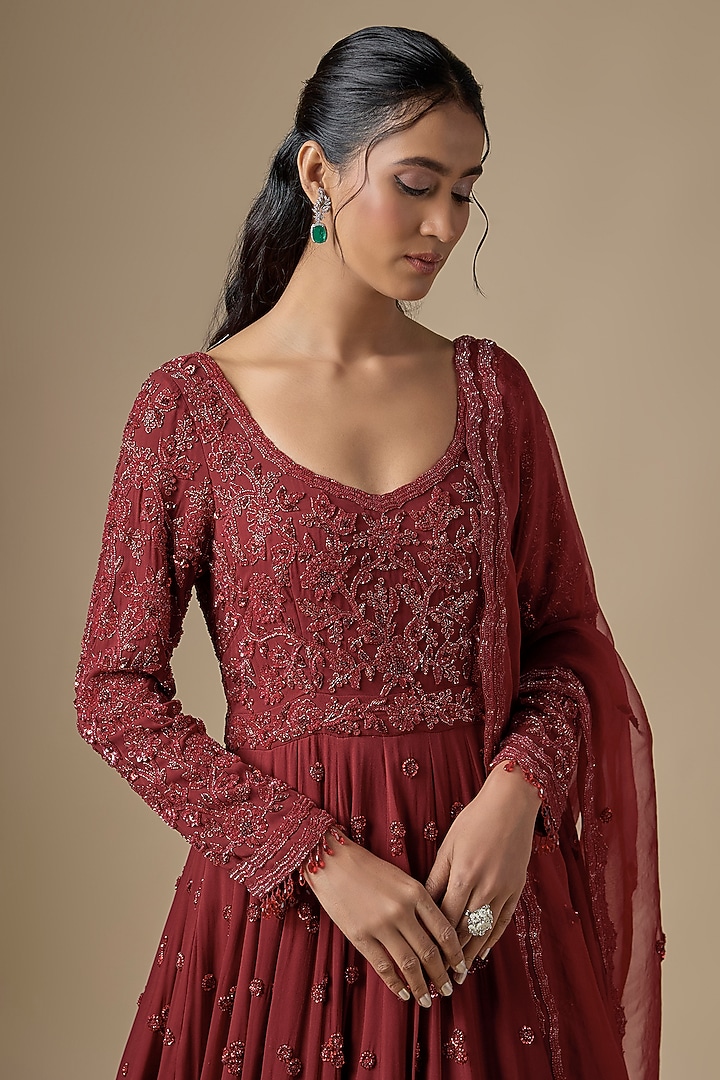Red Georgette Embroidered Bridal Anarkali Set by Malasa at Pernia's Pop Up Shop