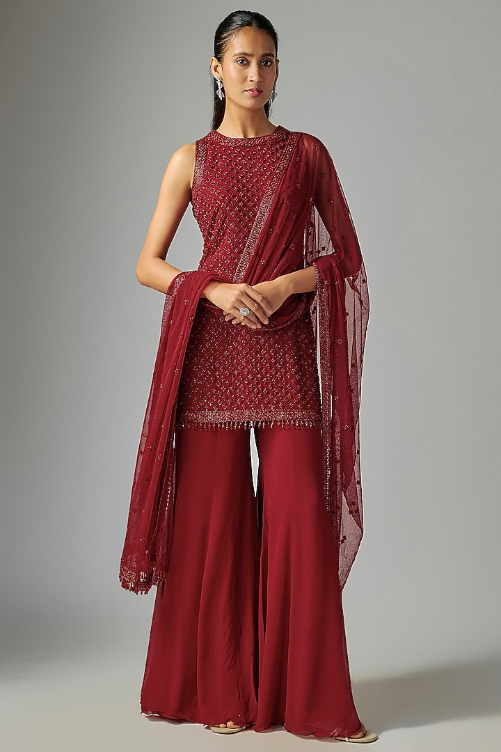 Red Georgette Wedding Sharara Set by Malasa at Pernia's Pop Up Shop