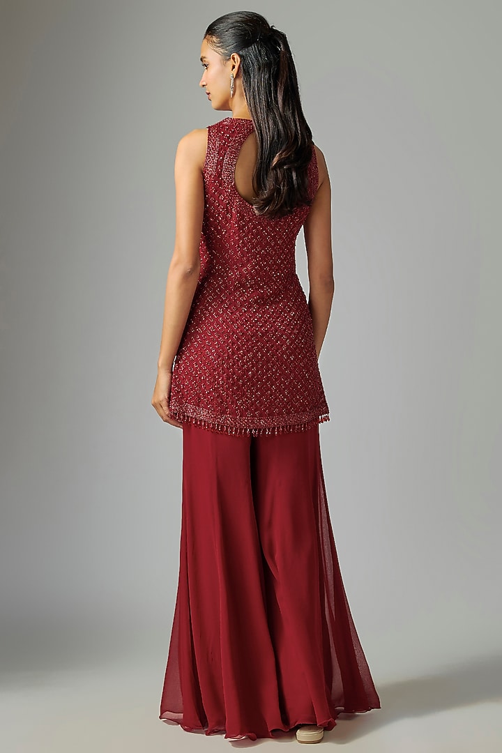 Red Georgette Wedding Sharara Set by Malasa at Pernia's Pop Up Shop