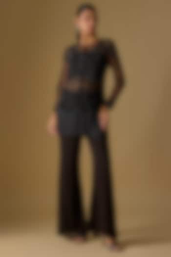 Black Net Cutdana Work Jacket Set by Malasa at Pernia's Pop Up Shop