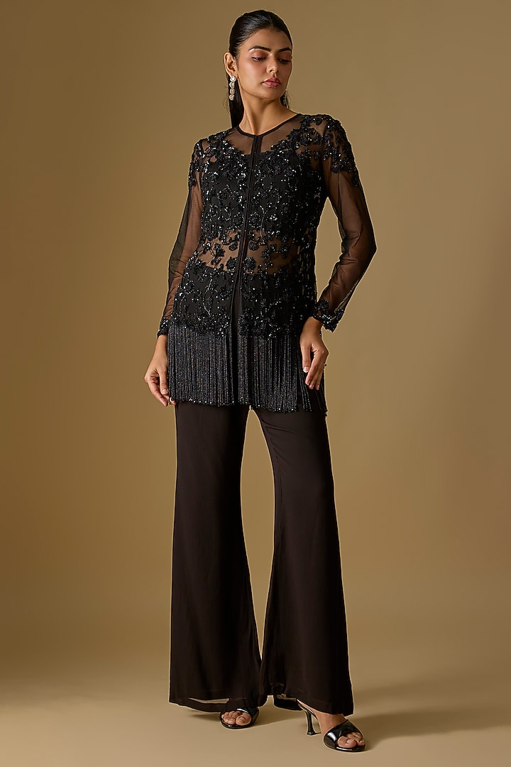 Black Net Cutdana Work Jacket Set by Malasa at Pernia's Pop Up Shop