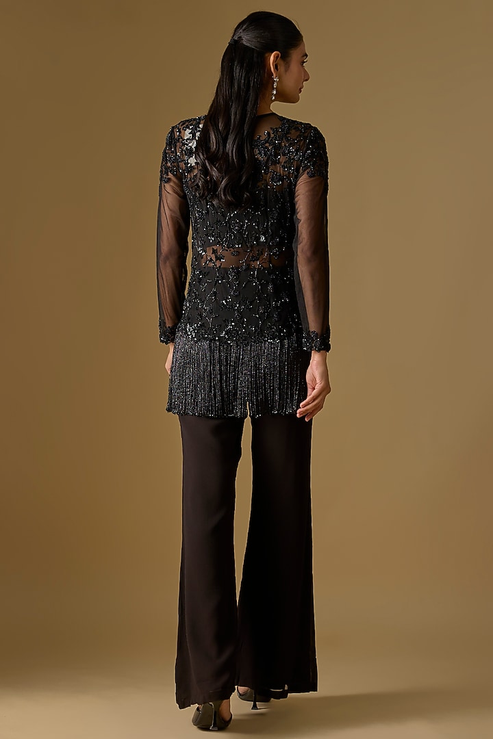 Black Net Cutdana Work Jacket Set by Malasa at Pernia's Pop Up Shop