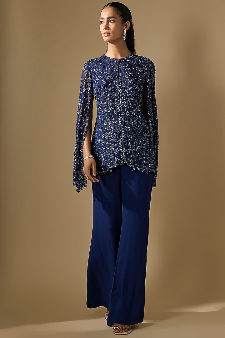 Blue Georgette Cutdana Work Jacket Set by Malasa at Pernia's Pop Up Shop