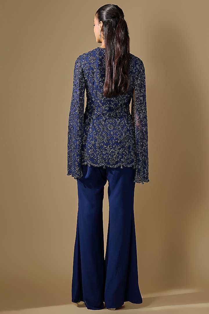 Blue Georgette Cutdana Work Jacket Set by Malasa at Pernia's Pop Up Shop
