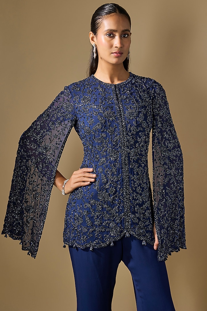 Blue Georgette Cutdana Work Jacket Set by Malasa at Pernia's Pop Up Shop