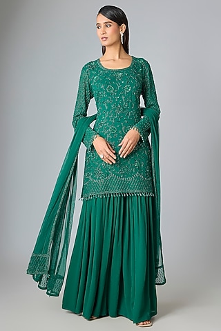 Green Georgette Sharara Set by Malasa