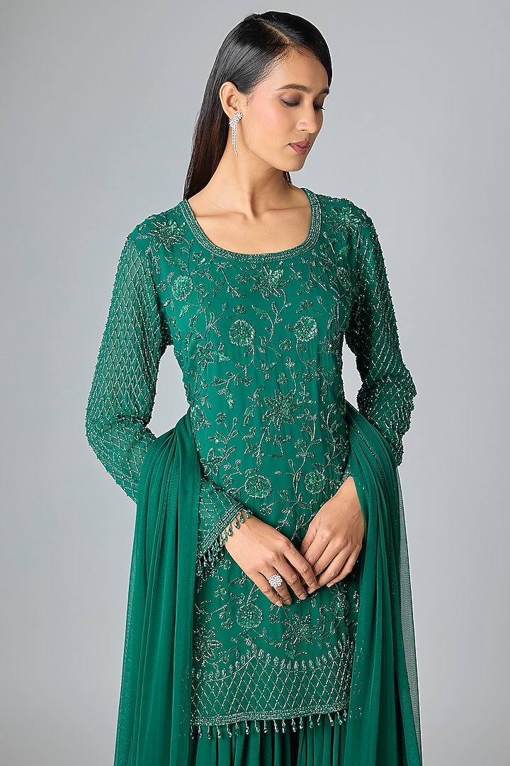 Green Georgette Bridal Sharara Set by Malasa at Pernia's Pop Up Shop