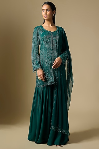 Emerald Green Georgette Sharara Set by Malasa