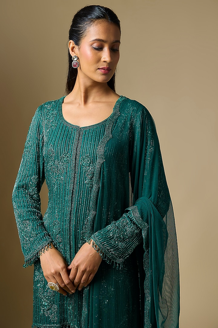 Emerald Green Georgette Bridal Sharara Set by Malasa at Pernia's Pop Up Shop