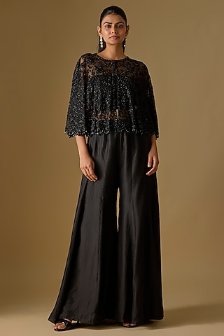 Black Satin Silk Sharara Set by Malasa