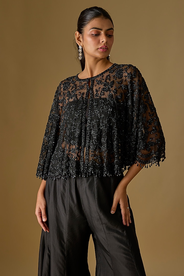 Black Satin Silk Wedding Sharara Set by Malasa at Pernia's Pop Up Shop