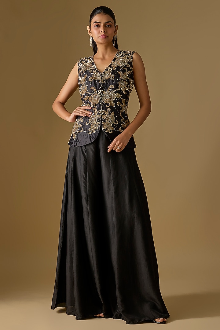 Black Organza Cutdana Work Jacket Set by Malasa at Pernia's Pop Up Shop