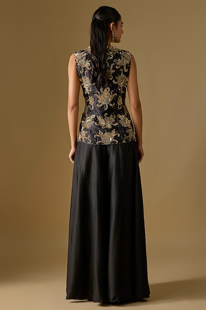 Black Organza Cutdana Work Jacket Set by Malasa at Pernia's Pop Up Shop