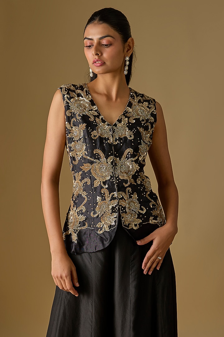 Black Organza Cutdana Work Jacket Set by Malasa at Pernia's Pop Up Shop