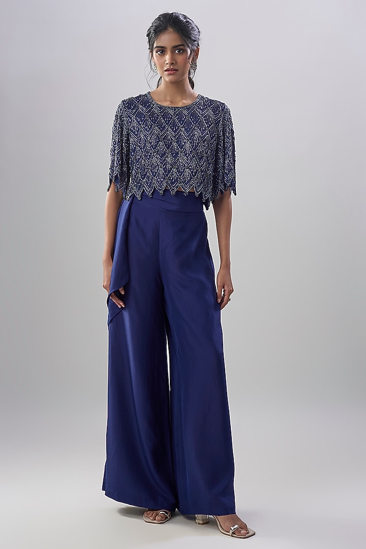 Blue Satin Silk Bead Work Pant Set by Malasa at Pernia's Pop Up Shop
