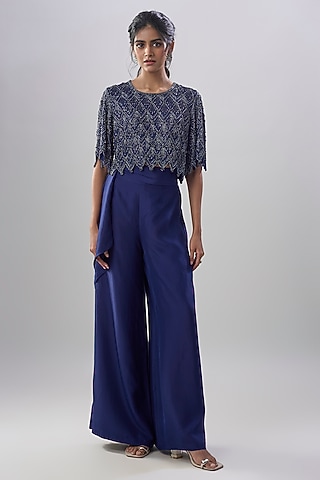 Blue Satin Silk Bead Work Pant Set by Malasa