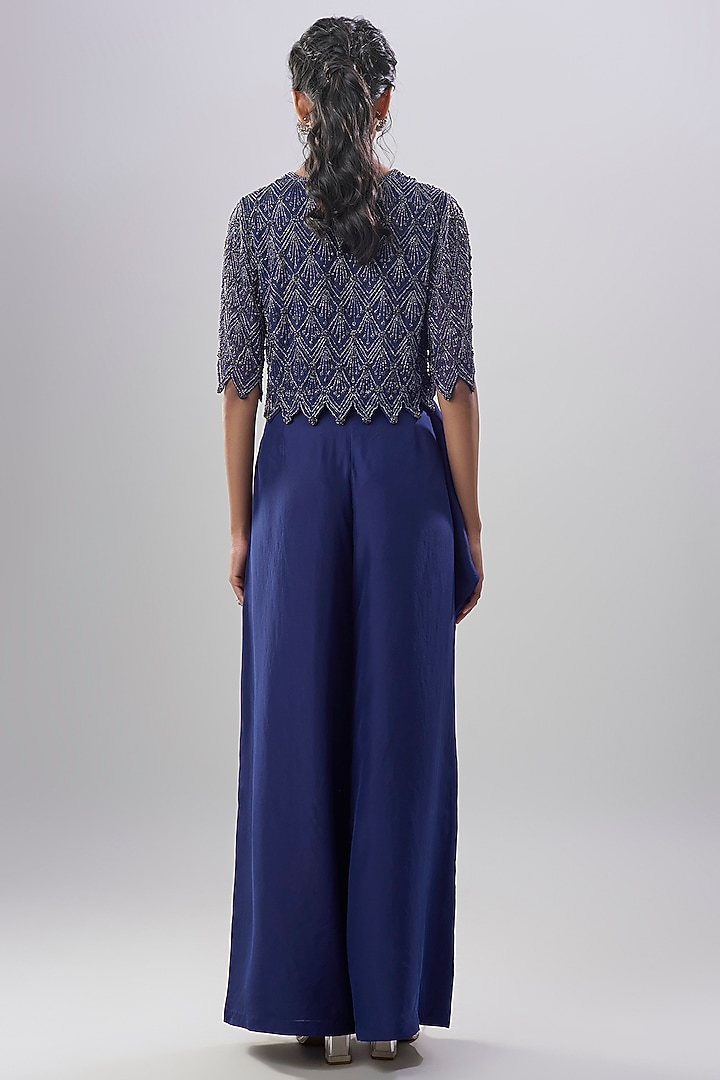 Blue Satin Silk Bead Work Pant Set by Malasa at Pernia's Pop Up Shop