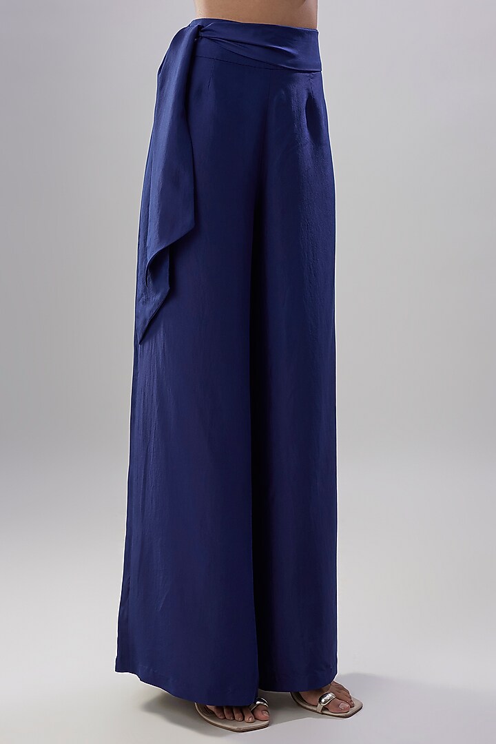 Blue Satin Silk Bead Work Pant Set by Malasa at Pernia's Pop Up Shop