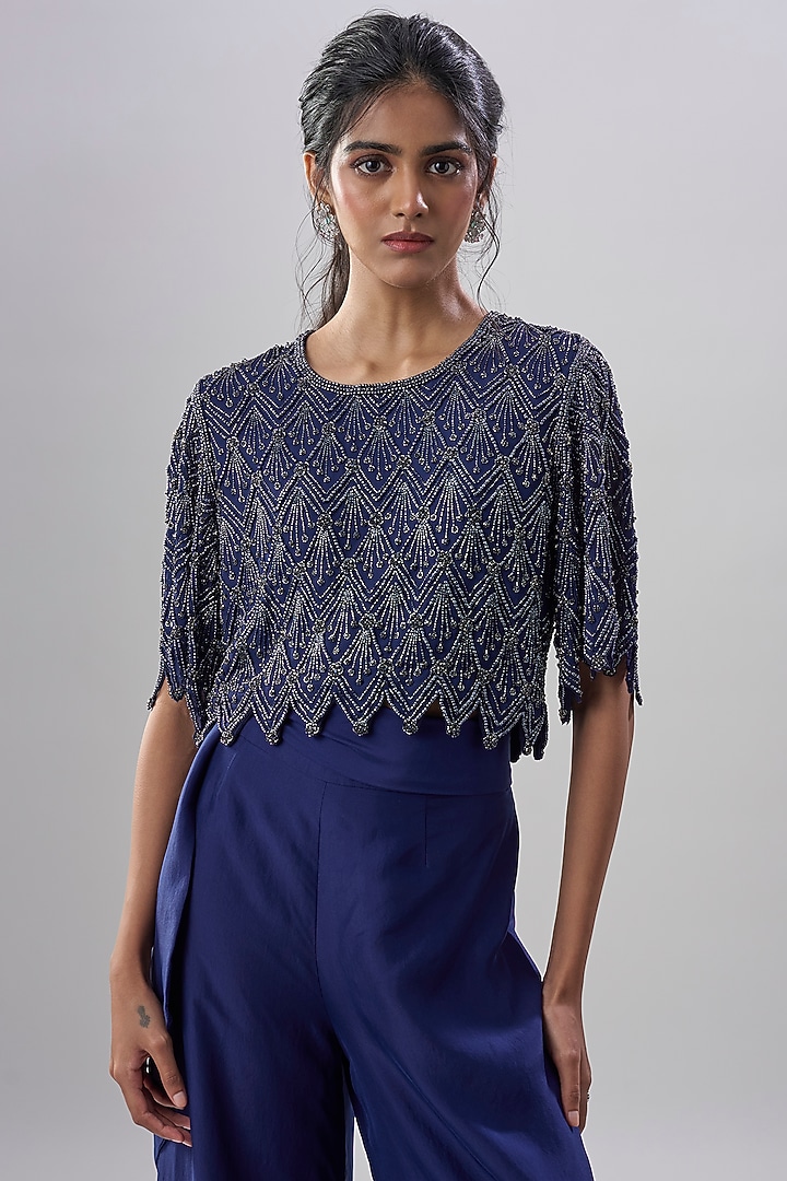 Blue Satin Silk Bead Work Pant Set by Malasa at Pernia's Pop Up Shop