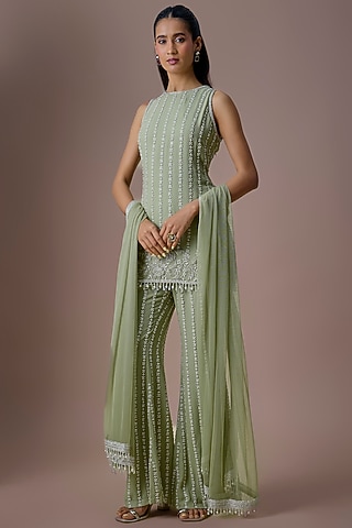 Sage Green Georgette Cutdana & Pearl Work Kurta Set by Malasa