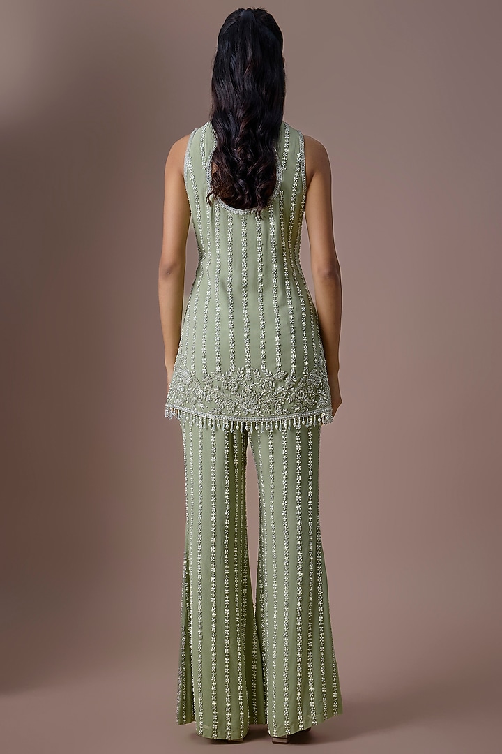 Sage Green Georgette Cutdana & Pearl Work Kurta Set by Malasa at Pernia's Pop Up Shop