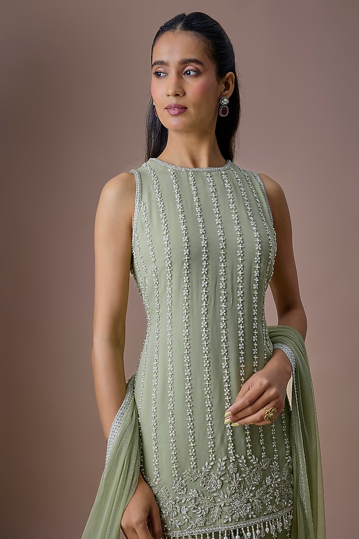 Sage Green Georgette Cutdana & Pearl Work Kurta Set by Malasa at Pernia's Pop Up Shop
