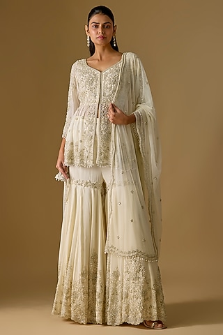 Ivory Georgette Cutdana Work Sharara Set by Malasa
