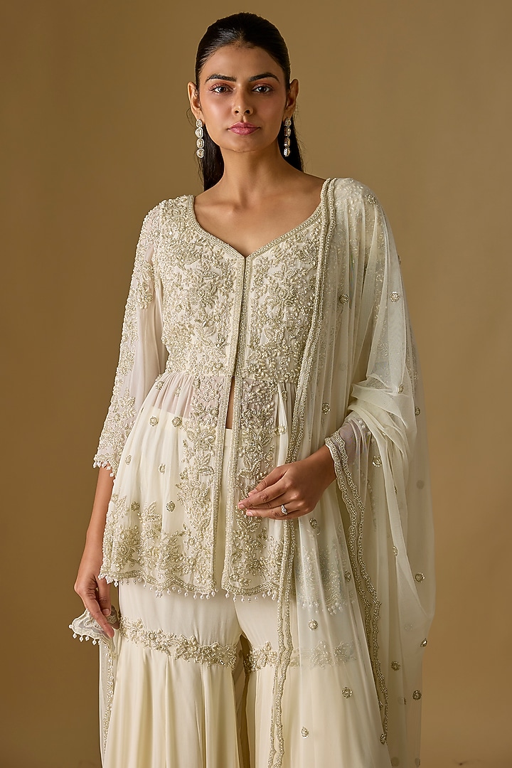 Ivory Georgette Cutdana Work Bridal Sharara Set by Malasa at Pernia's Pop Up Shop