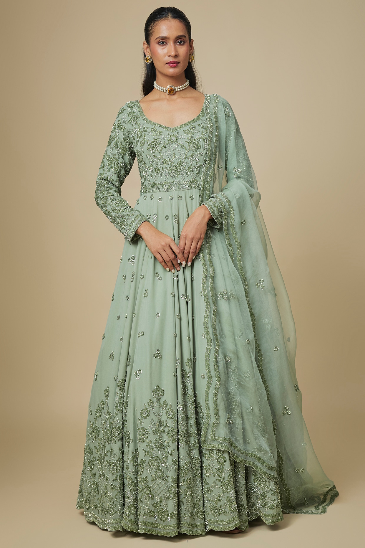 Malasa Sea Green Georgette Embellished Anarkali Set