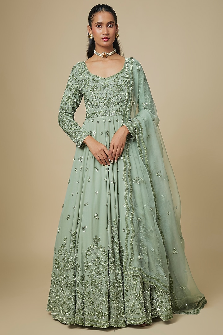 Sea Green Georgette Embellished Bridal Anarkali Set by Malasa at Pernia's Pop Up Shop