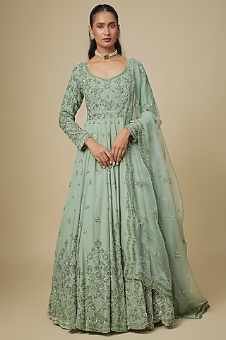 Sea Green Georgette Embellished Anarkali Set by Malasa